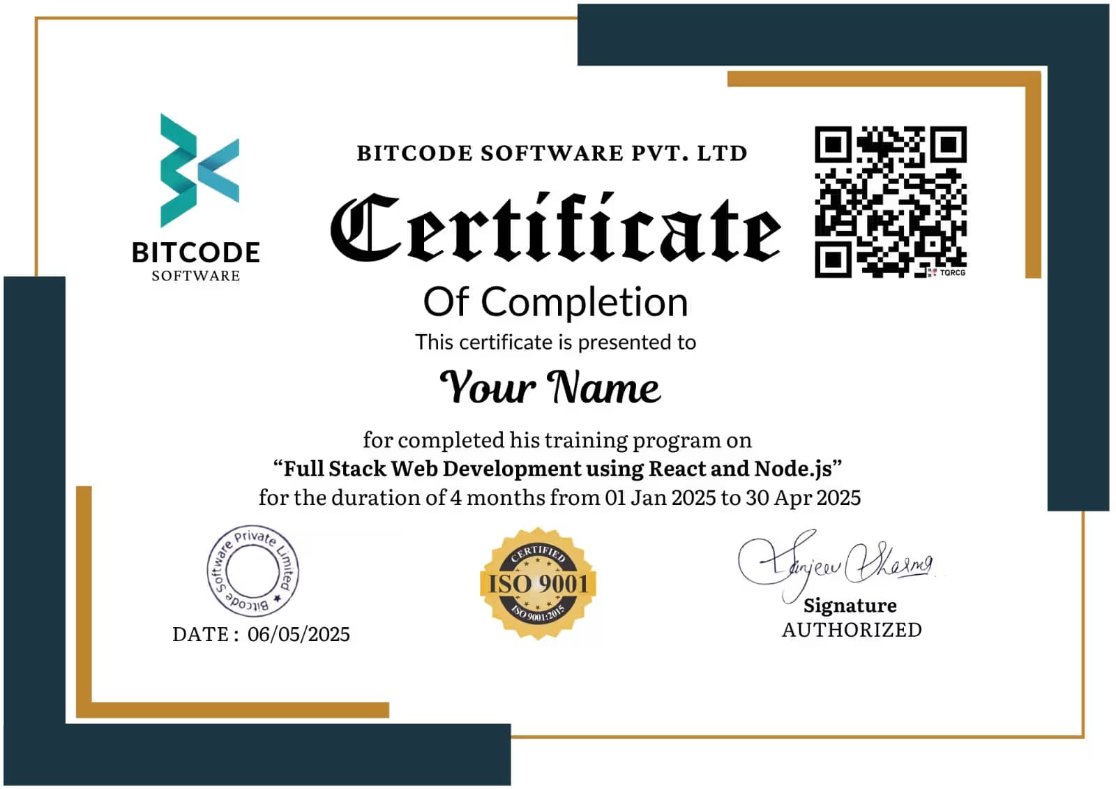 Sample certificate awarded by Bitcode Softwares on course completion